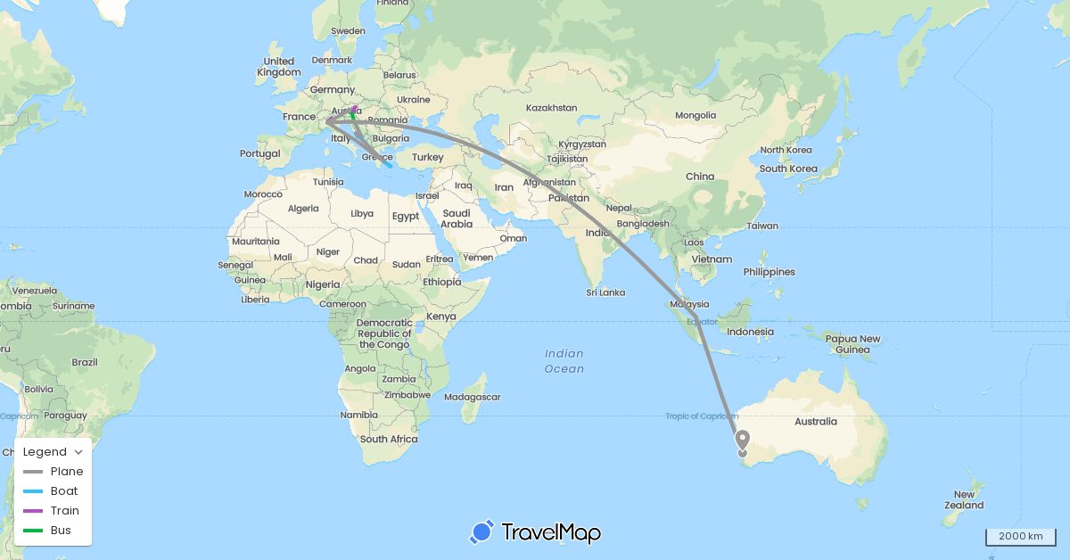 TravelMap itinerary: driving, bus, plane, train, boat in Austria, Australia, Greece, Croatia, Italy, Singapore (Asia, Europe, Oceania)